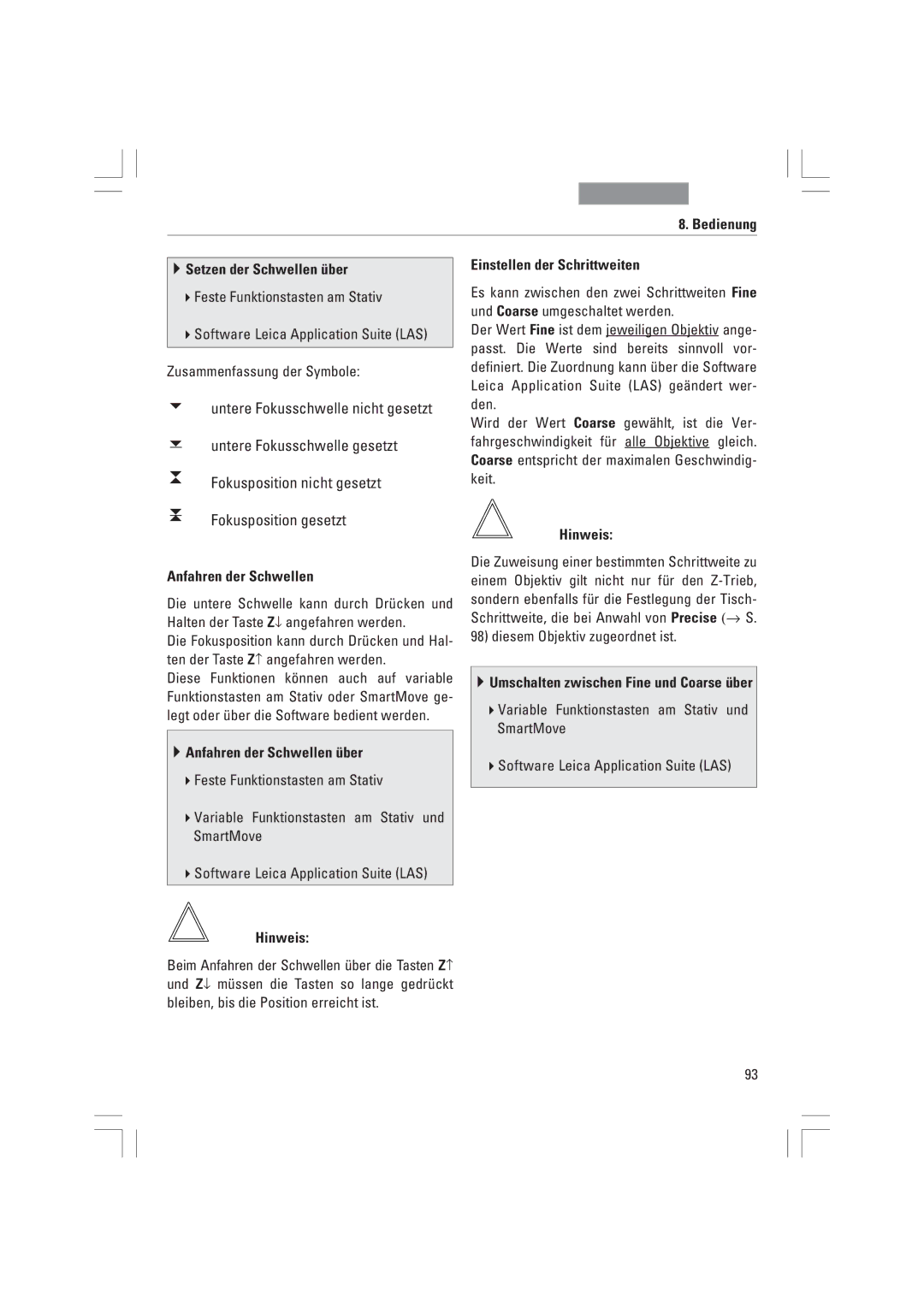 Leica DMI3000B manual Bedienung Setzen der Schwellen Ÿber, Anfahren der Schwellen Ÿber, Einstellen der Schrittweiten 