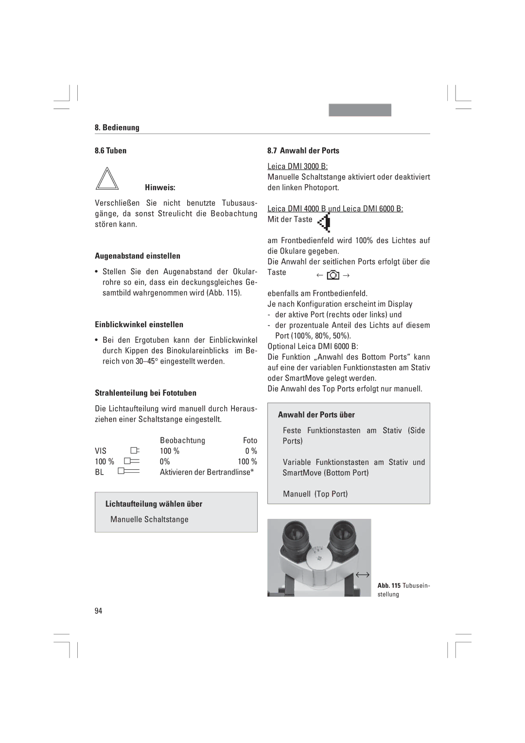 Leica DMI6000B Bedienung Tuben Hinweis, Augenabstand einstellen, Einblickwinkel einstellen, Strahlenteilung bei Fototuben 