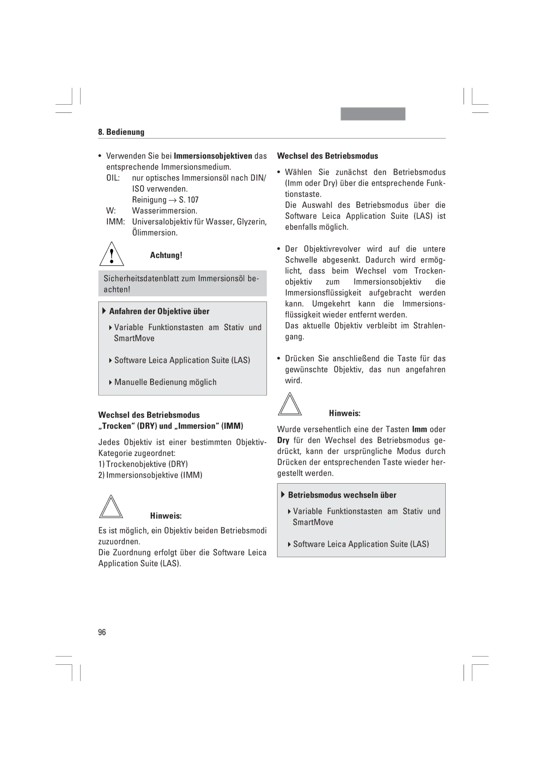 Leica DMI3000B Sicherheitsdatenblatt zum Immersionsšl be- achten, Anfahren der Objektive Ÿber, Wechsel des Betriebsmodus 