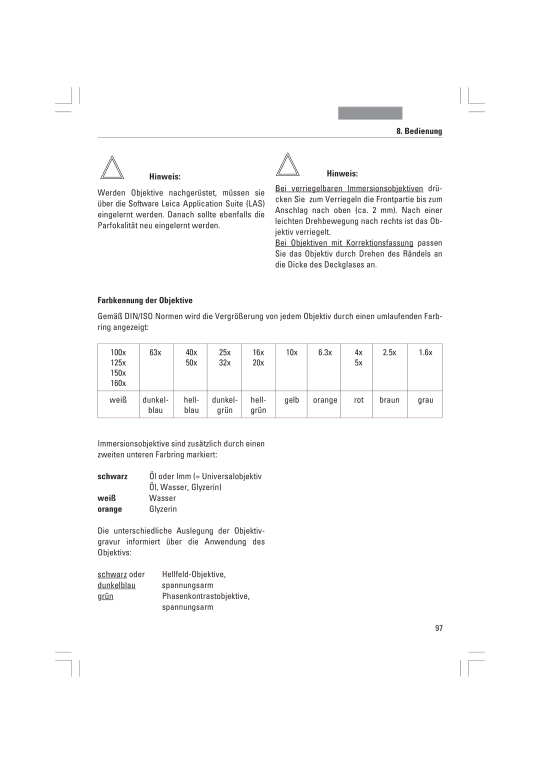 Leica DMI6000B, DMI3000B, DMI4000B manual Bedienung HinweisHinweis, Farbkennung der Objektive, 150x 160x Wei§, Rot 