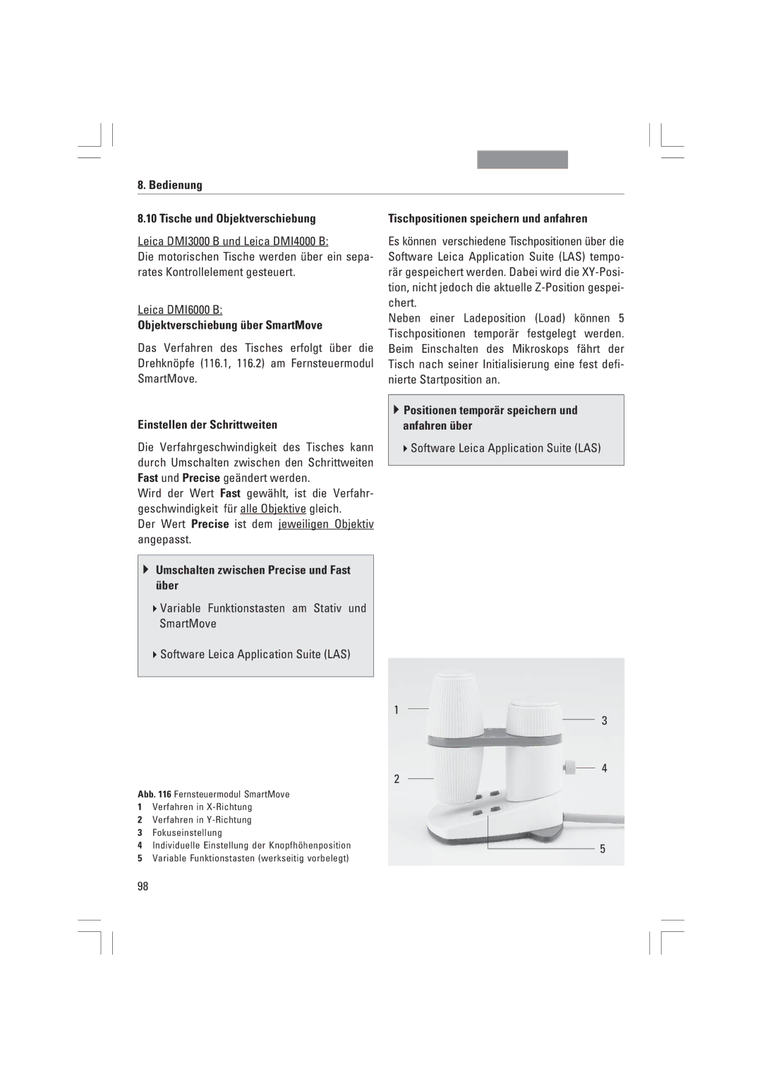 Leica DMI4000B, DMI3000B, DMI6000B manual Bedienung Tische und Objektverschiebung, Objektverschiebung Ÿber SmartMove 