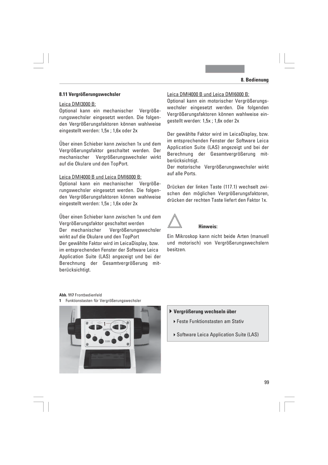 Leica DMI3000B, DMI6000B, DMI4000B manual Bedienung Vergrš§erungswechsler, Vergrš§erung wechseln Ÿber 