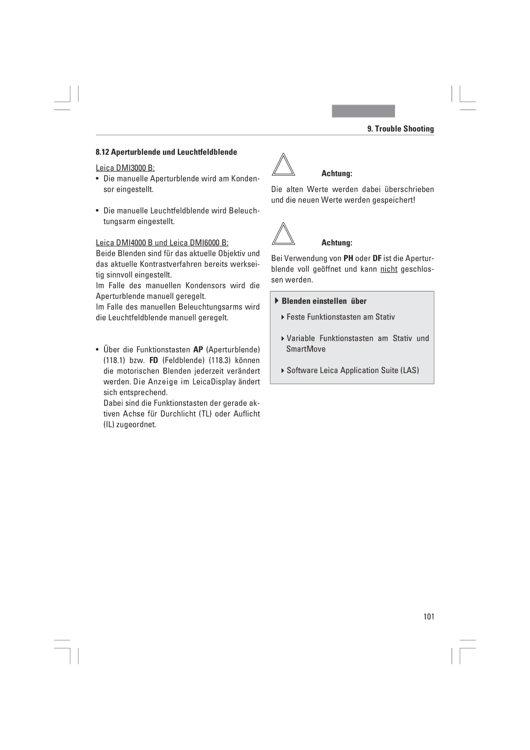 Leica DMI4000B, DMI3000B, DMI6000B manual Trouble Shooting Aperturblende und Leuchtfeldblende, Blenden einstellen Ÿber 