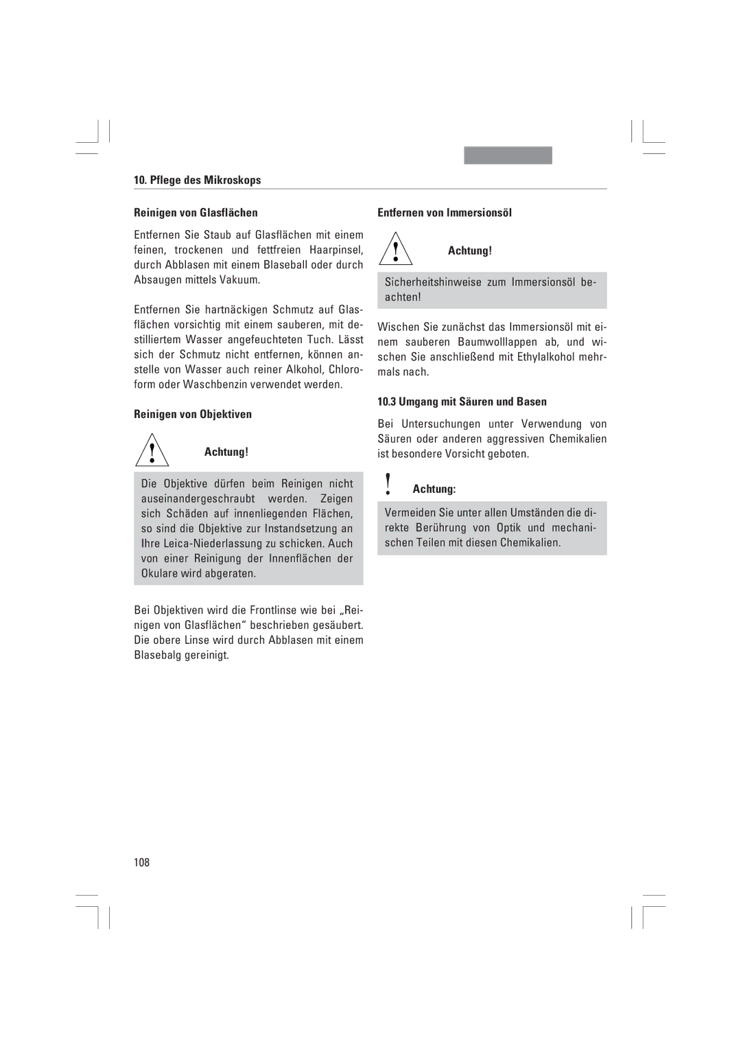 Leica DMI3000B, DMI6000B, DMI4000B Pflege des Mikroskops Reinigen von GlasflŠchen, Reinigen von Objektiven Achtung, 108 