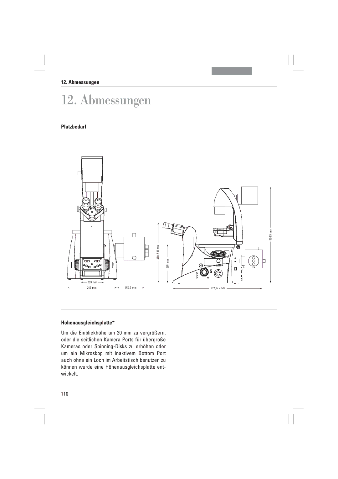 Leica DMI4000B, DMI3000B, DMI6000B manual Abmessungen, Platzbedarf Hšhenausgleichsplatte, 110 