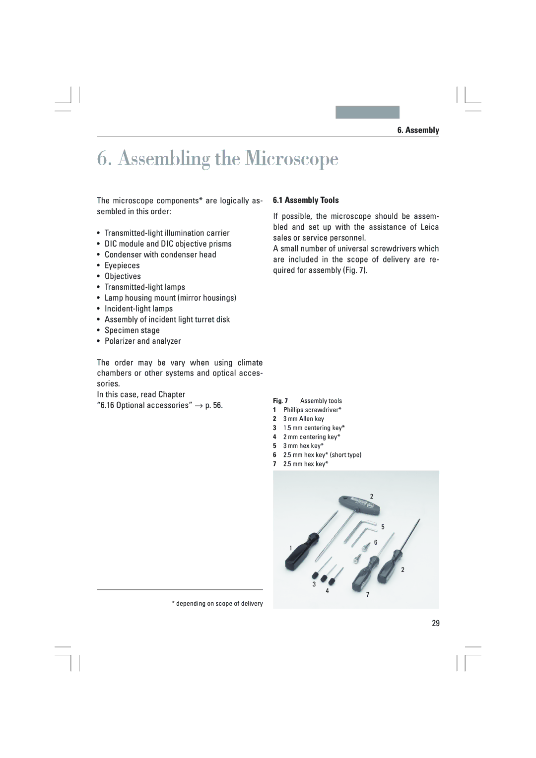 Leica DMI4000B, DMI3000B, DMI6000B manual Assembling the Microscope, Assembly Tools 