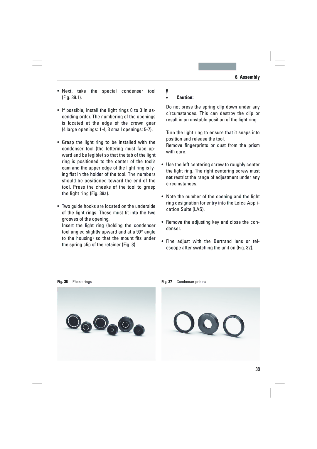 Leica DMI3000B, DMI6000B, DMI4000B manual ¥ Next, take the special condenser tool Fig, Phase rings 