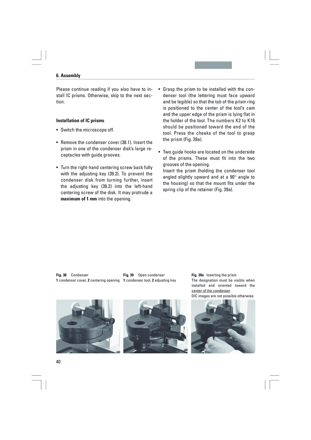 Leica DMI6000B, DMI3000B, DMI4000B manual Installation of IC prisms, Condenser 