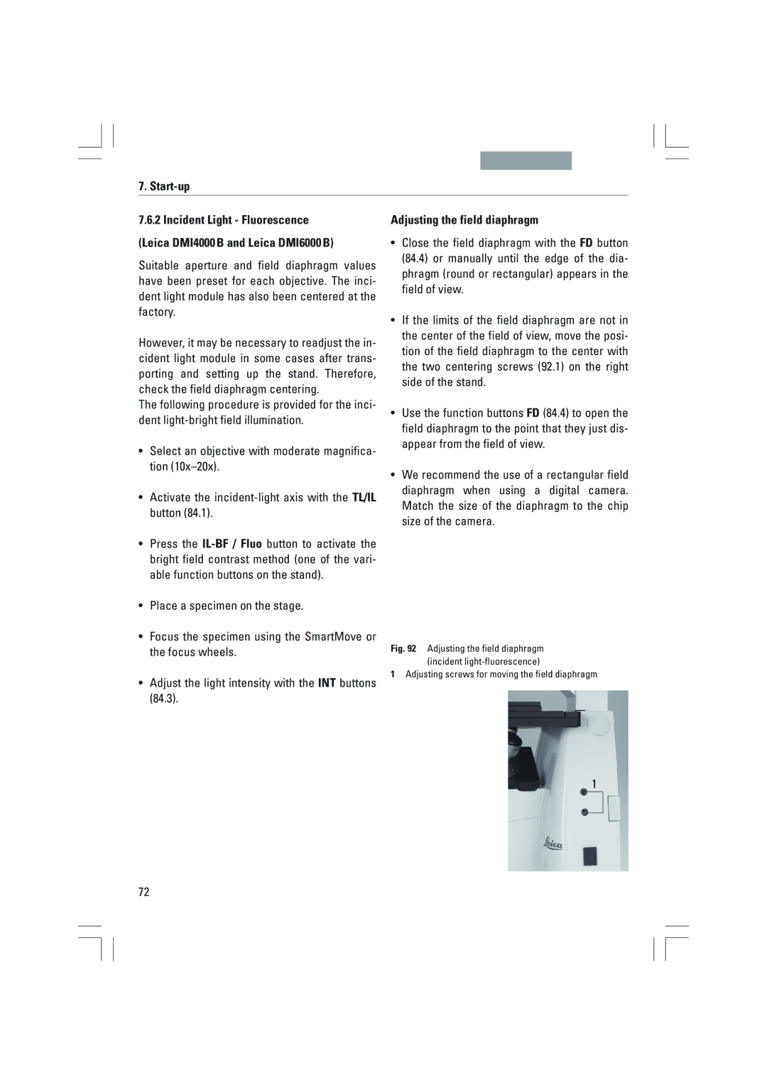 Leica DMI3000B, DMI6000B, DMI4000B manual Adjusting the field diaphragm incident light-fluorescence 