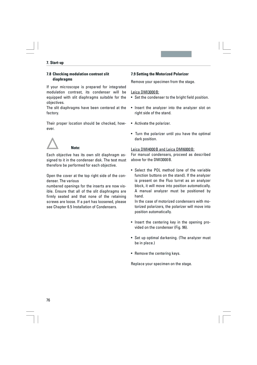 Leica DMI6000B, DMI3000B, DMI4000B Start-up Checking modulation contrast slit diaphragms, Setting the Motorized Polarizer 