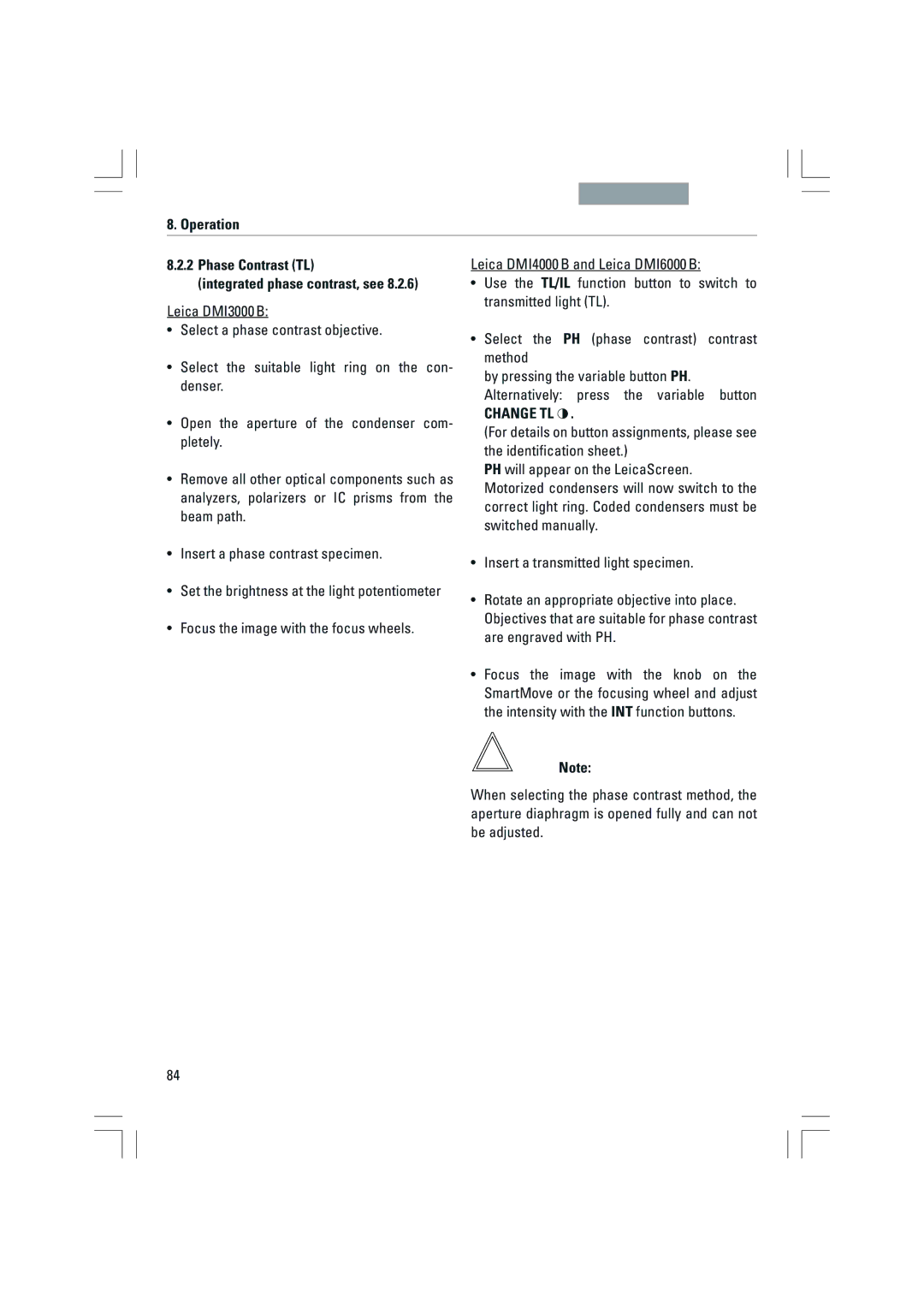 Leica DMI3000B, DMI6000B, DMI4000B manual Operation Phase Contrast TL Integrated phase contrast, see 