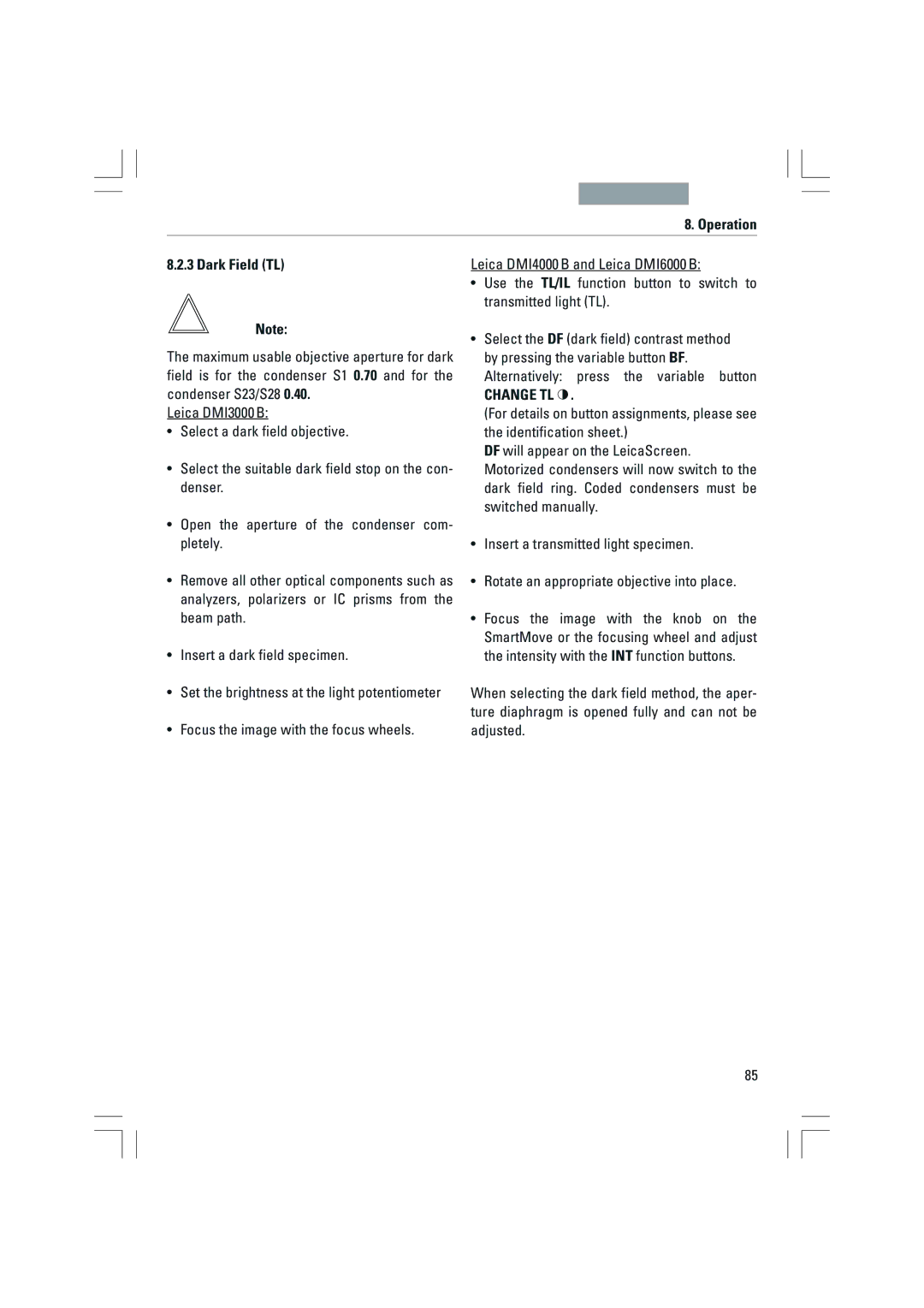 Leica DMI6000B, DMI3000B, DMI4000B manual Operation Dark Field TL 