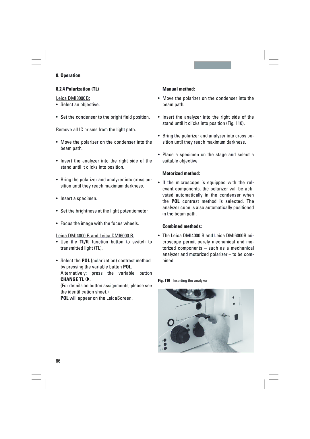 Leica DMI4000B, DMI3000B, DMI6000B manual Operation Polarization TL, Manual method, Motorized method, Combined methods 