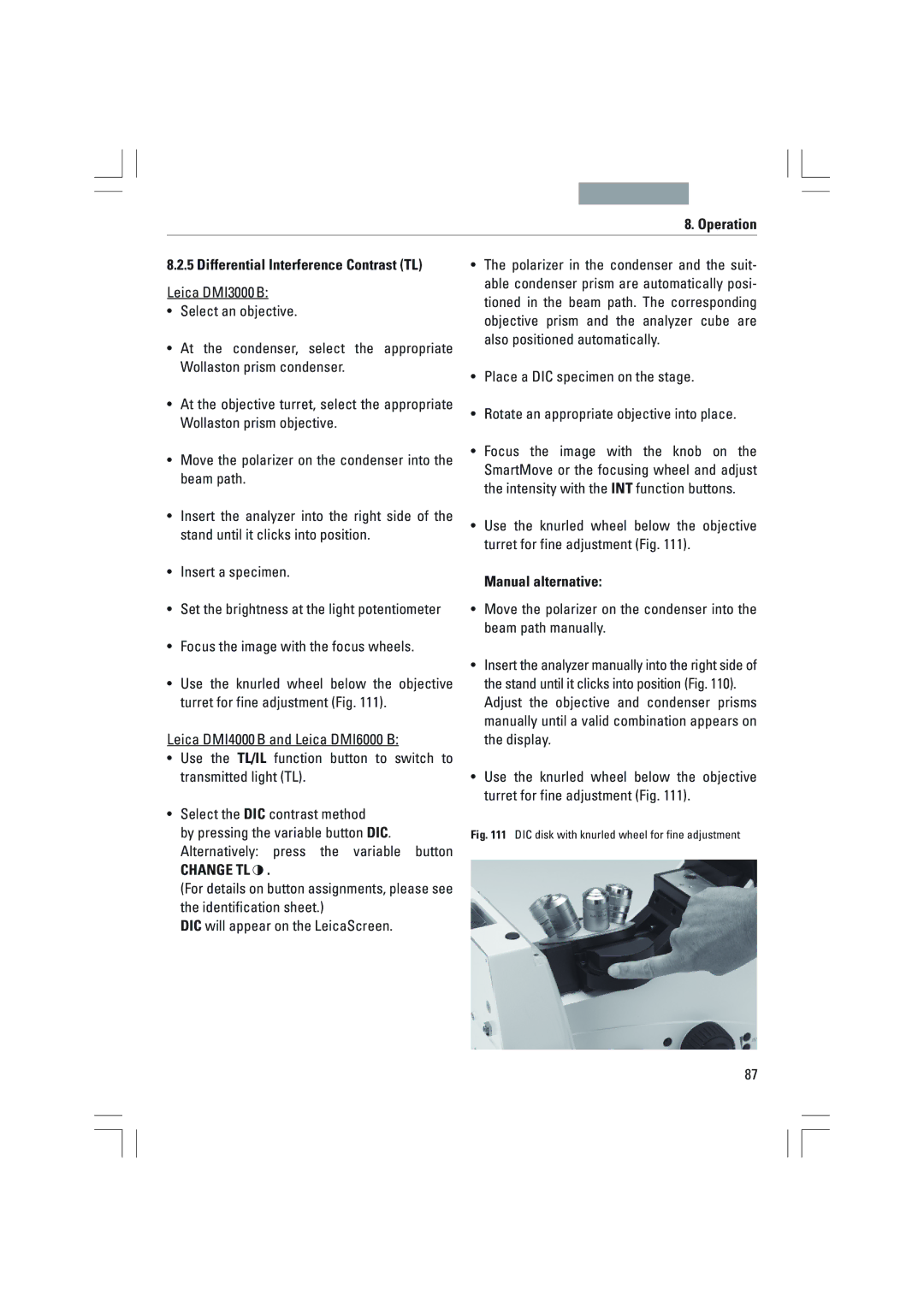 Leica DMI3000B, DMI6000B, DMI4000B manual Manual alternative, DIC disk with knurled wheel for fine adjustment 
