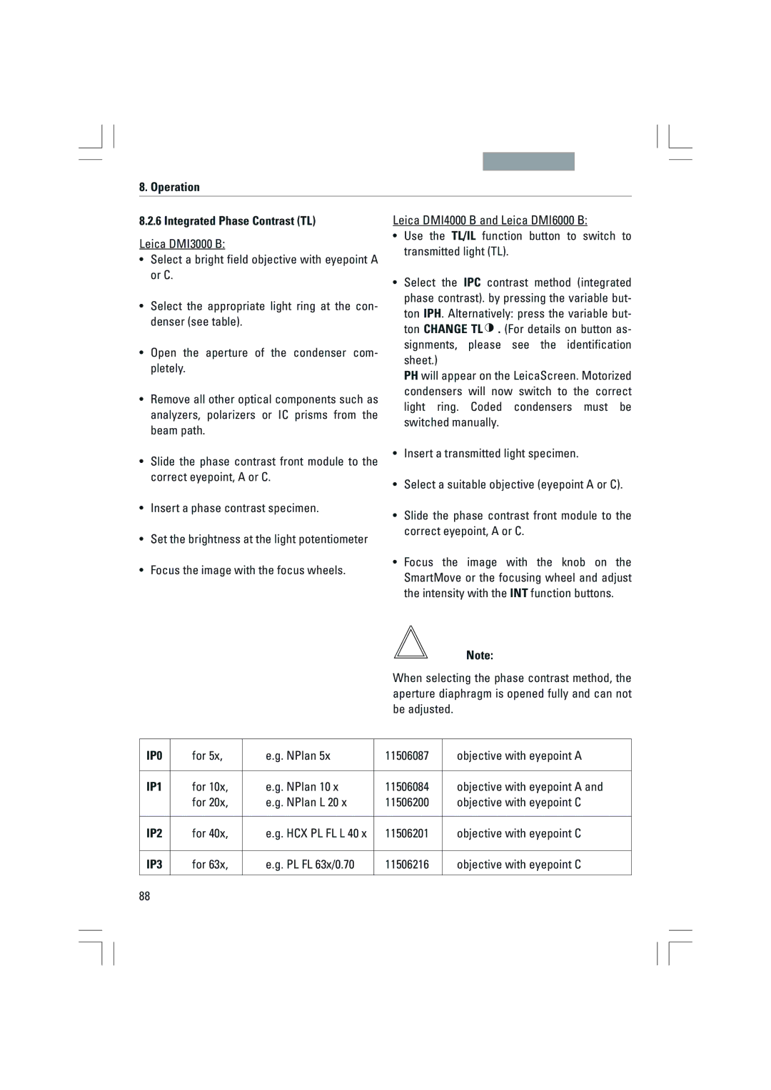 Leica DMI6000B, DMI3000B, DMI4000B manual Operation Integrated Phase Contrast TL 