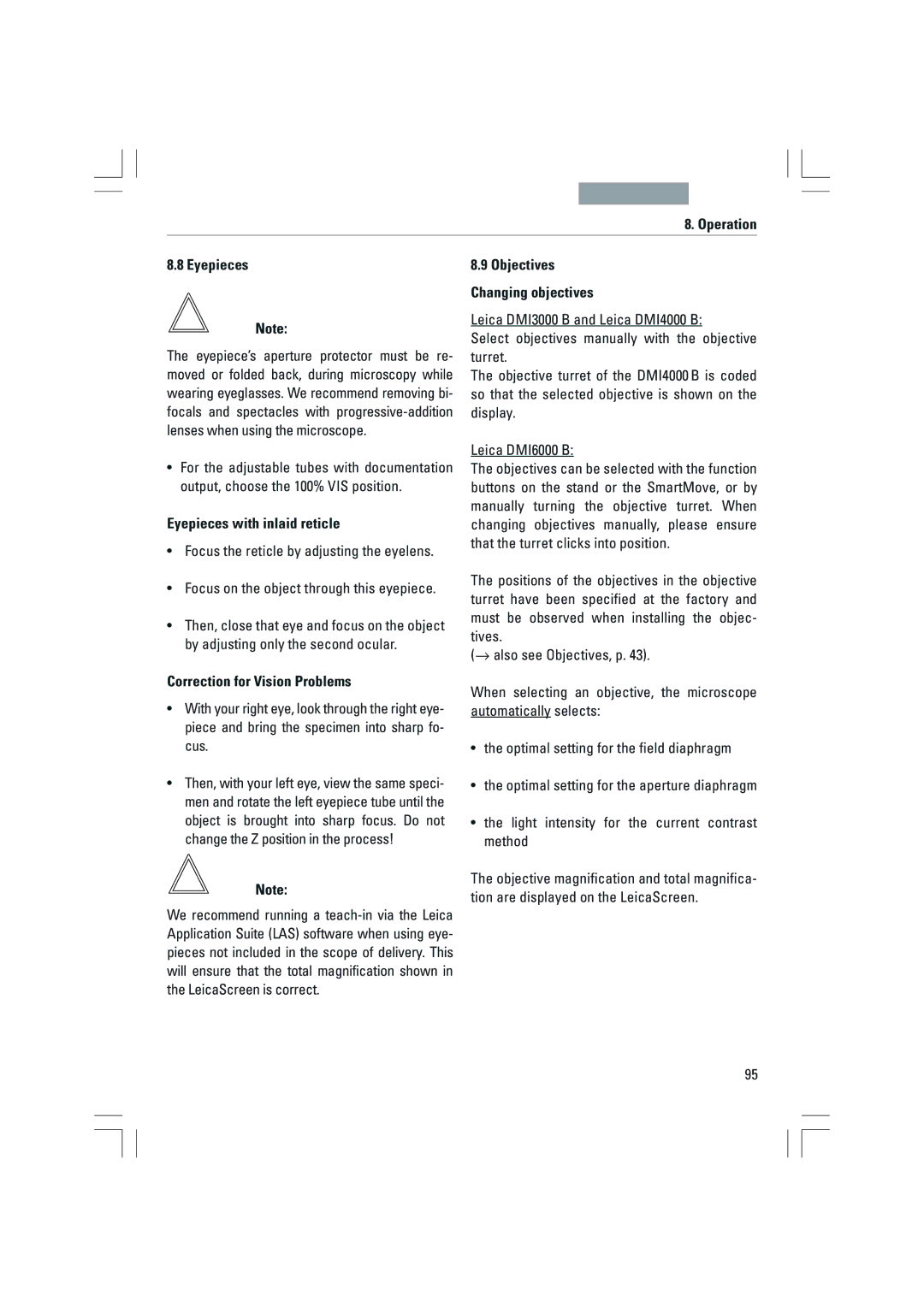 Leica DMI4000B, DMI3000B, DMI6000B manual Operation Eyepieces, Eyepieces with inlaid reticle, Correction for Vision Problems 
