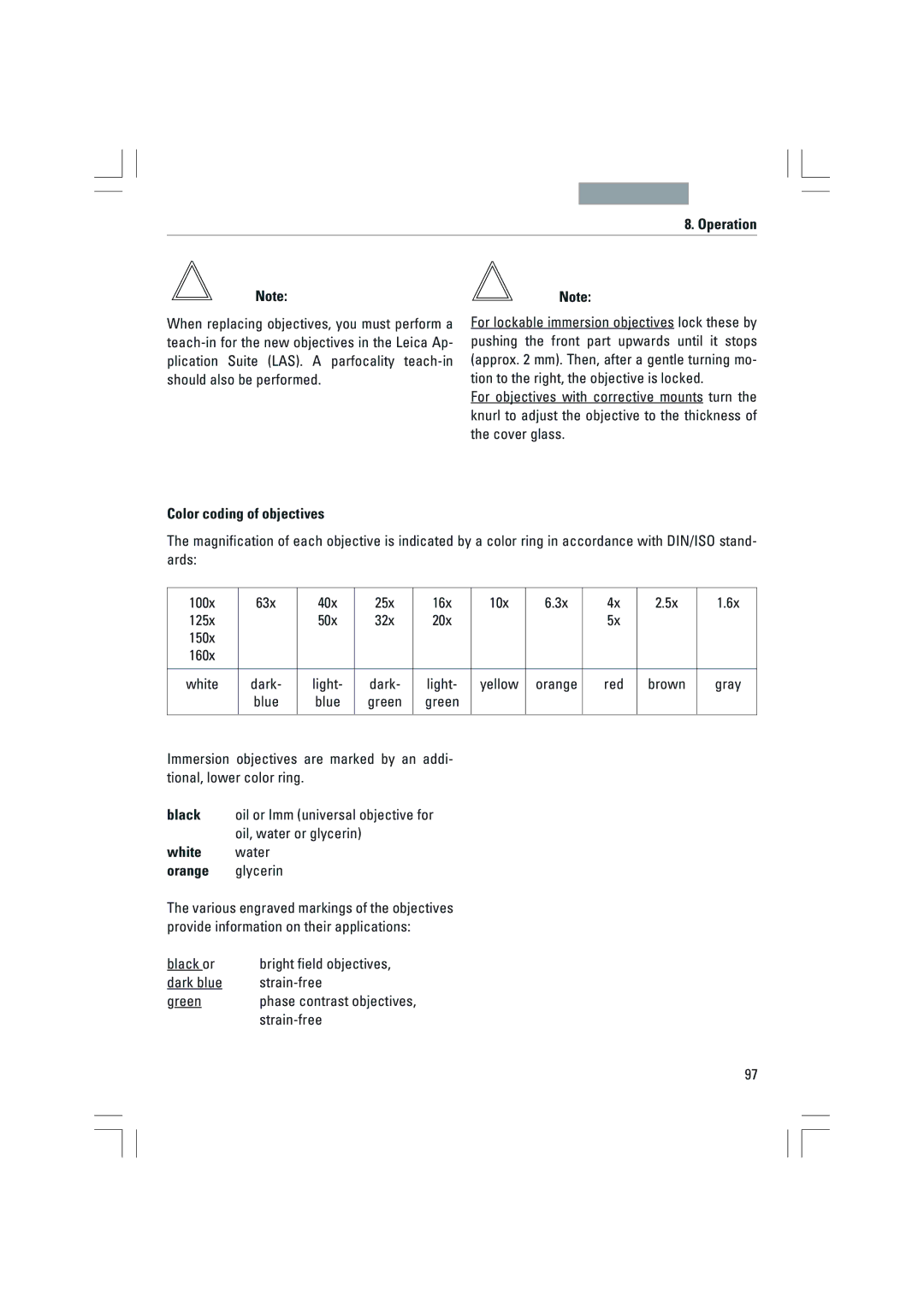 Leica DMI6000B, DMI3000B, DMI4000B manual Color coding of objectives, Gray, White water, Orange glycerin 