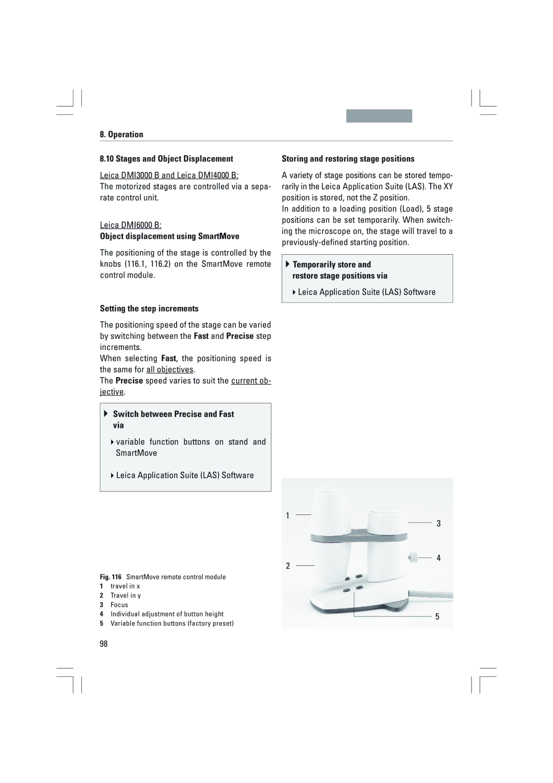 Leica DMI4000B, DMI3000B, DMI6000B manual Operation Stages and Object Displacement, Object displacement using SmartMove 