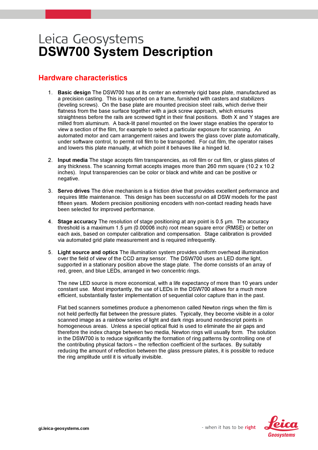 Leica DSW700 manual Hardware characteristics 