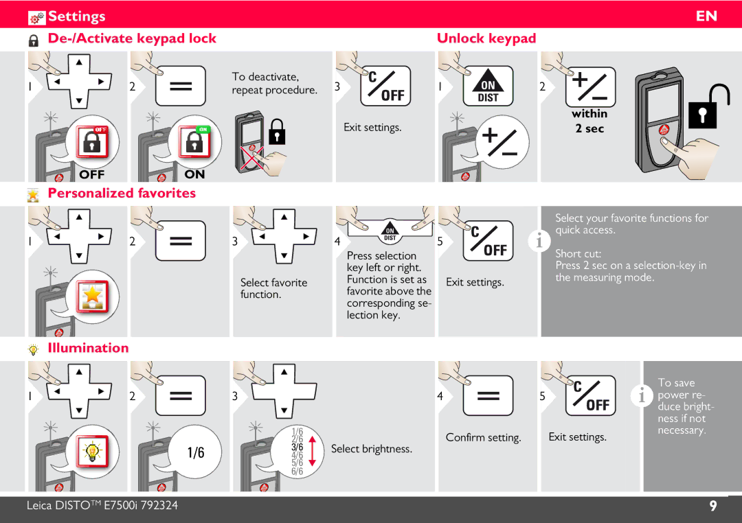 Leica E7500i manual De-/Activate keypad lock Unlock keypad, Personalized favorites, Illumination 