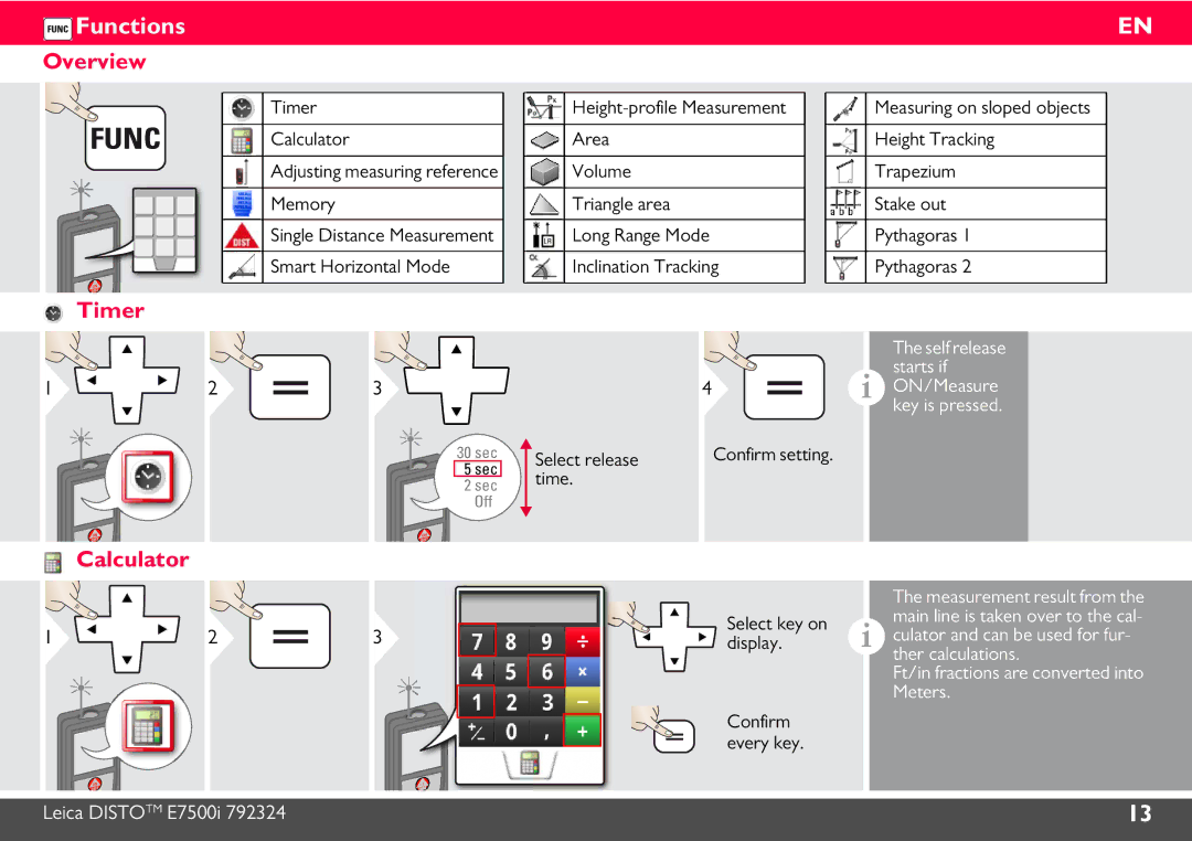 Leica E7500i manual Functions, Timer, Calculator 