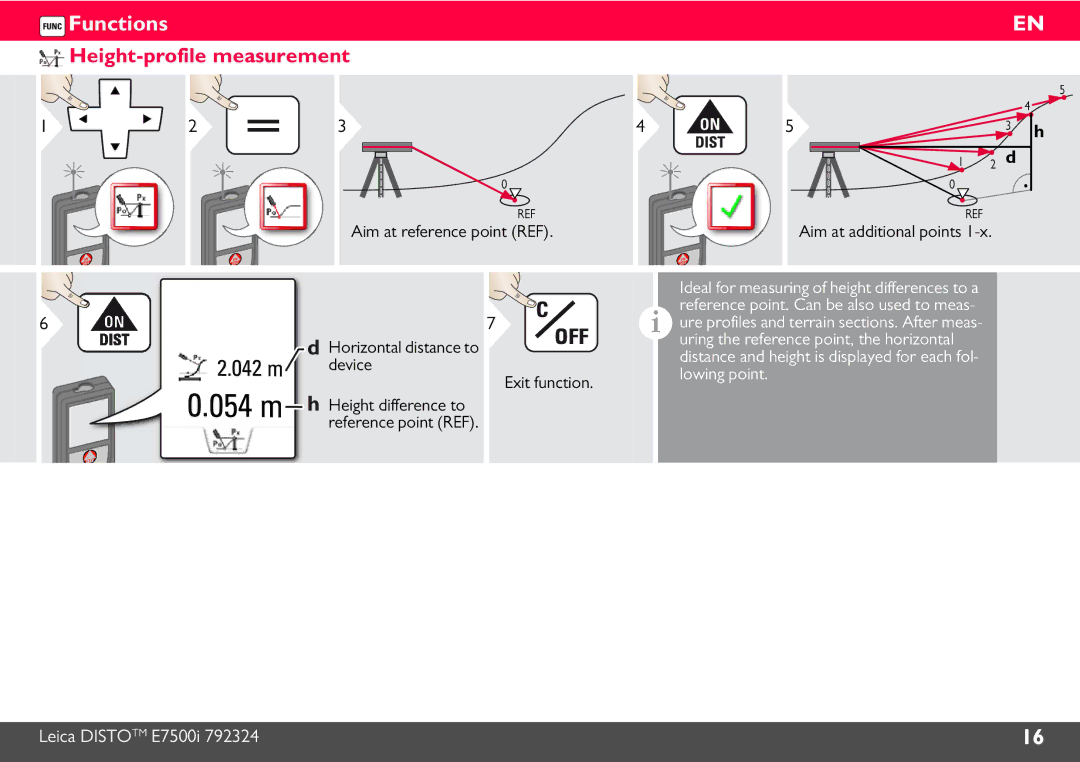 Leica E7500i manual Height-profile measurement, Aim at reference point REF, Device, Lowing point, Exit function 