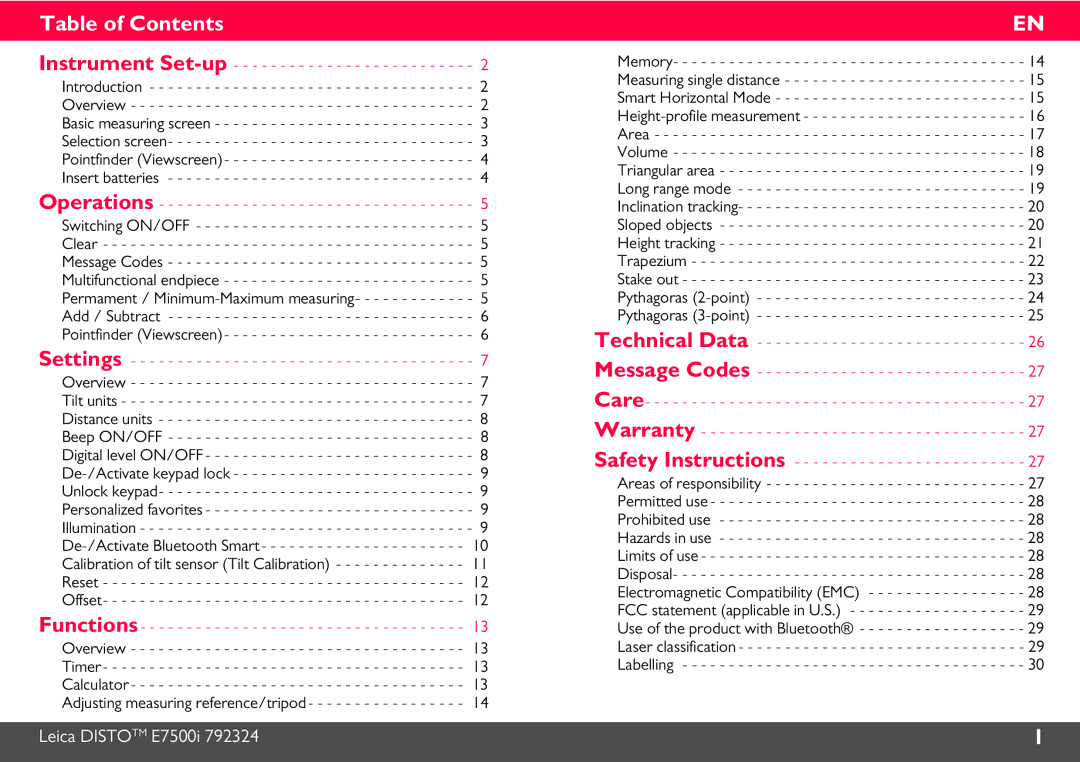 Leica E7500i manual Table of Contents 