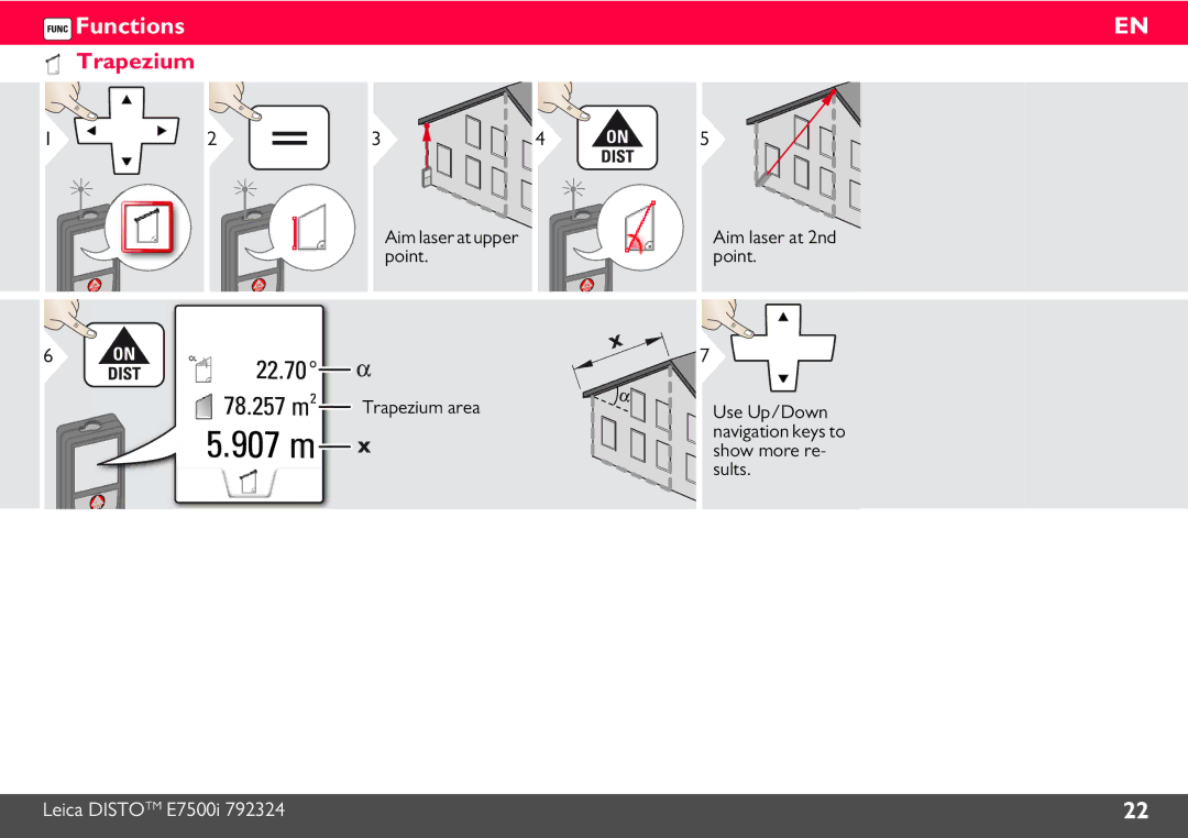 Leica E7500i manual Trapezium, Aim laser at upper point Aim laser at 2nd point 