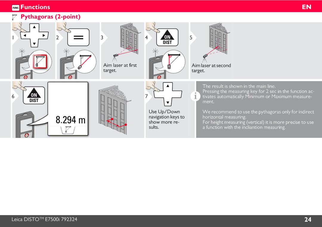 Leica E7500i manual 294 m, Pythagoras 2-point 