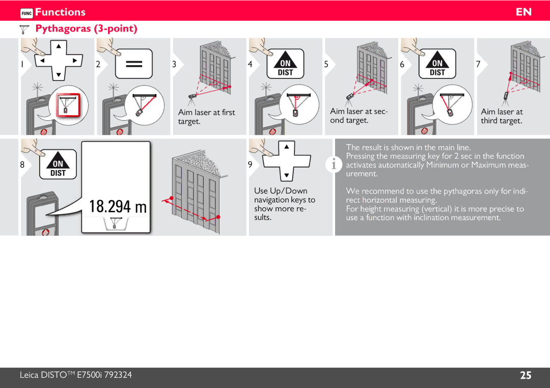 Leica E7500i 18.294 m, Pythagoras 3-point, Aim laser at first Aim laser at sec, Target Ond target Third target, Urement 