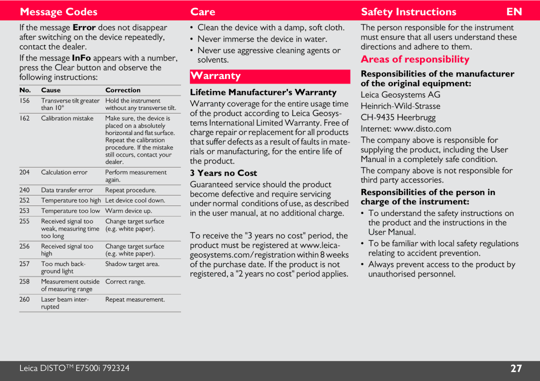 Leica E7500i manual Message Codes, Care, Warranty, Safety Instructions, Areas of responsibility 