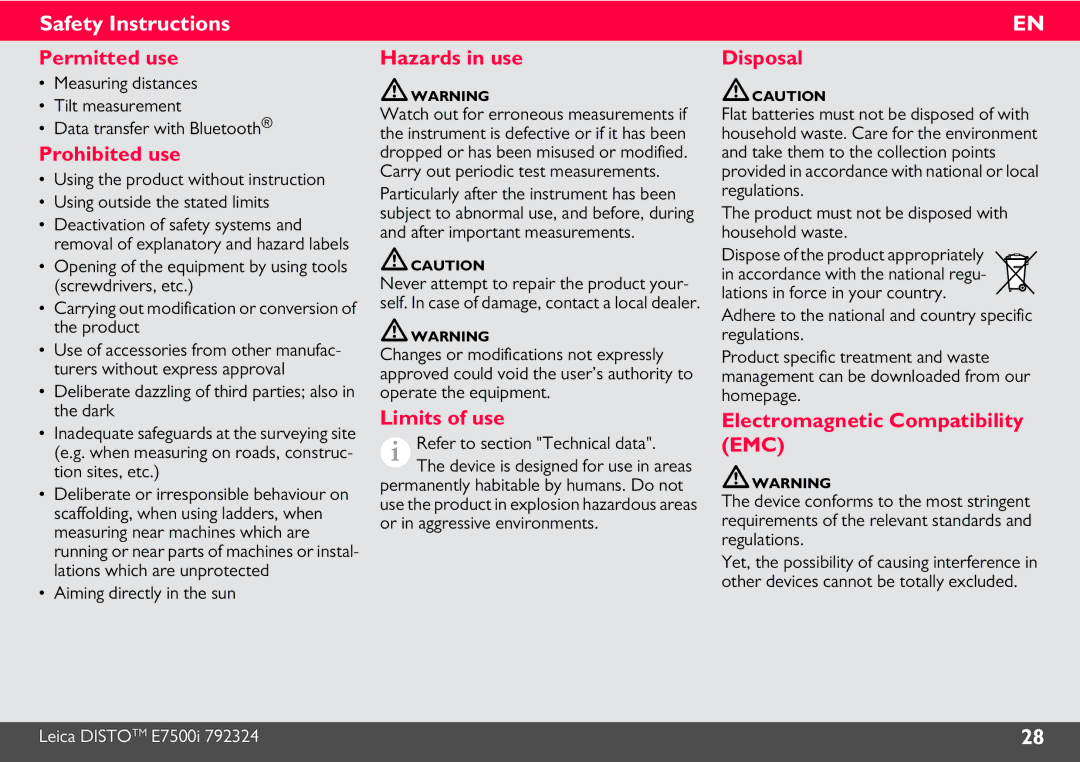 Leica E7500i Permitted use, Prohibited use, Hazards in use, Limits of use, Disposal, Electromagnetic Compatibility EMC 