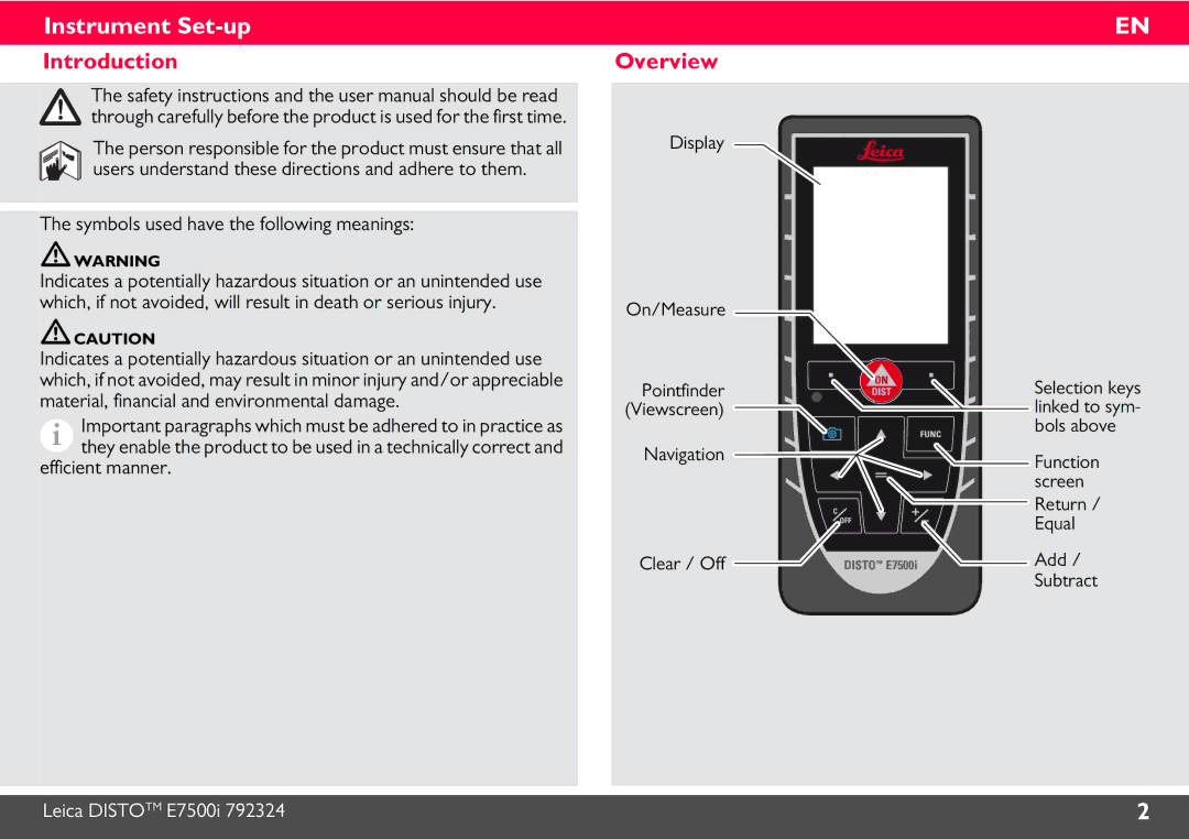 Leica E7500i manual Instrument Set-up, Introduction Overview, Symbols used have the following meanings 