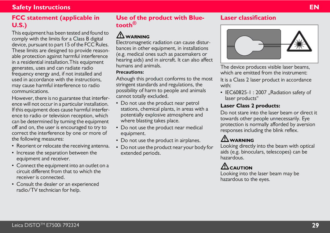 Leica E7500i manual FCC statement applicable in U.S, Use of the product with Blue- tooth, Laser classification 