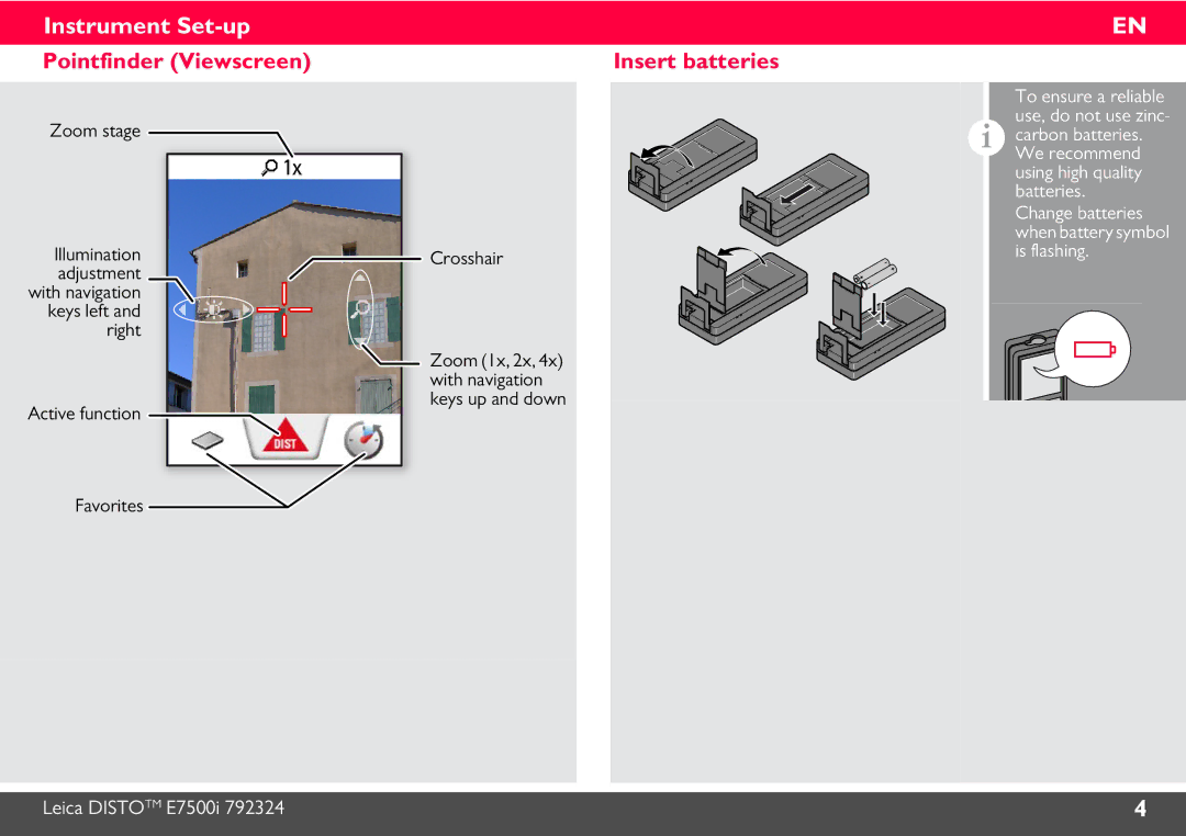 Leica E7500i manual Pointfinder Viewscreen Insert batteries, Zoom stage, Active function Crosshair 