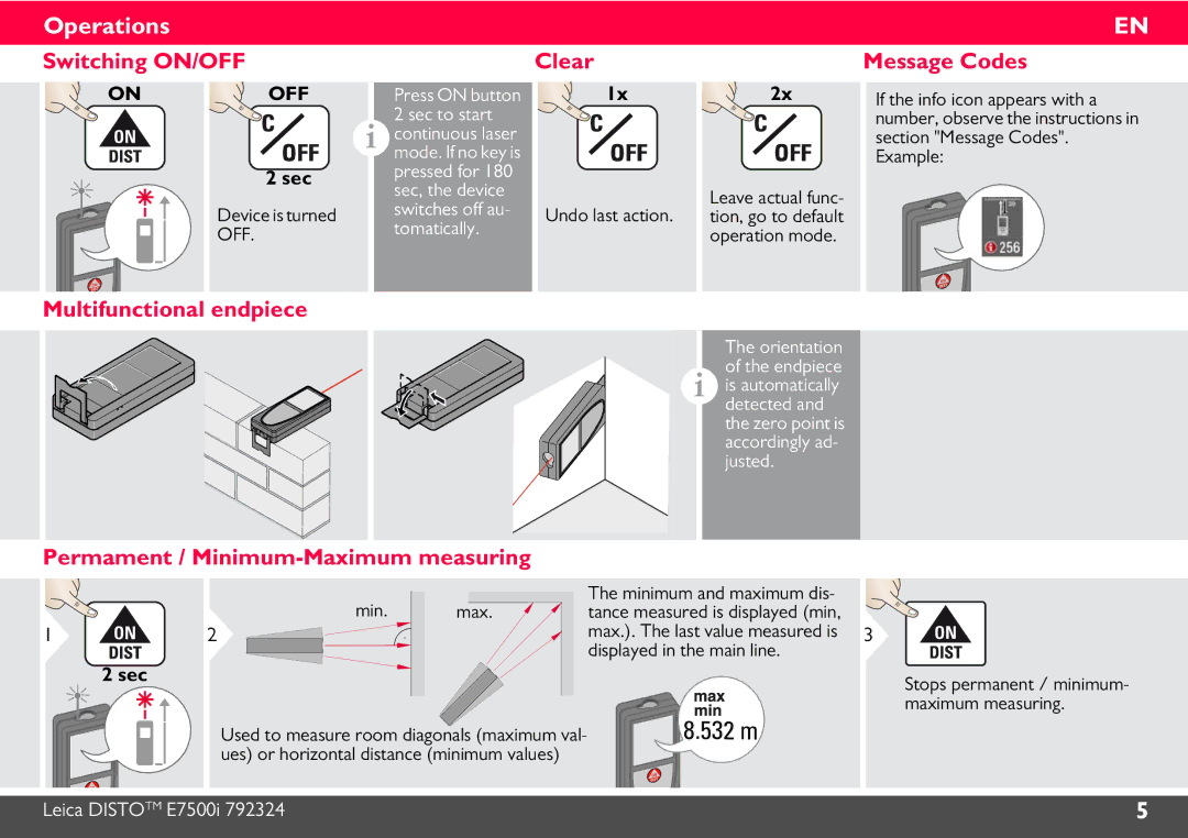 Leica E7500i manual Operations, Switching ON/OFF Clear, Multifunctional endpiece, Permament / Minimum-Maximum measuring 