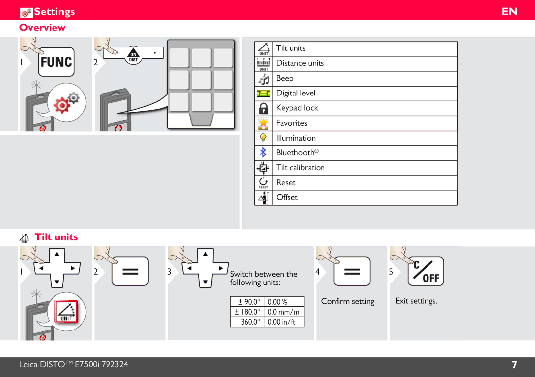 Leica E7500i manual Settings, Tilt units 