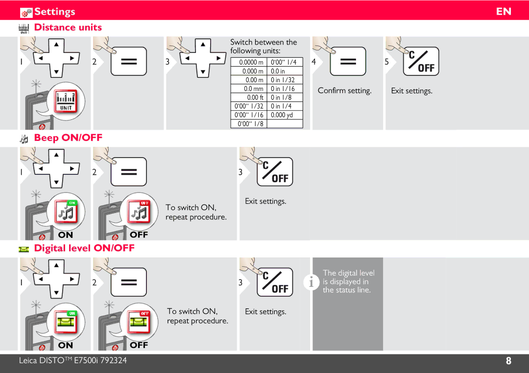 Leica E7500i manual Distance units, Beep ON/OFF, Digital level ON/OFF, To switch on Exit settings, Is displayed 