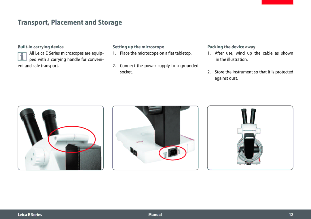 Leica EZ4 HD Transport, Placement and Storage, Built-in carrying device, Ent and safe transport, Setting up the microscope 