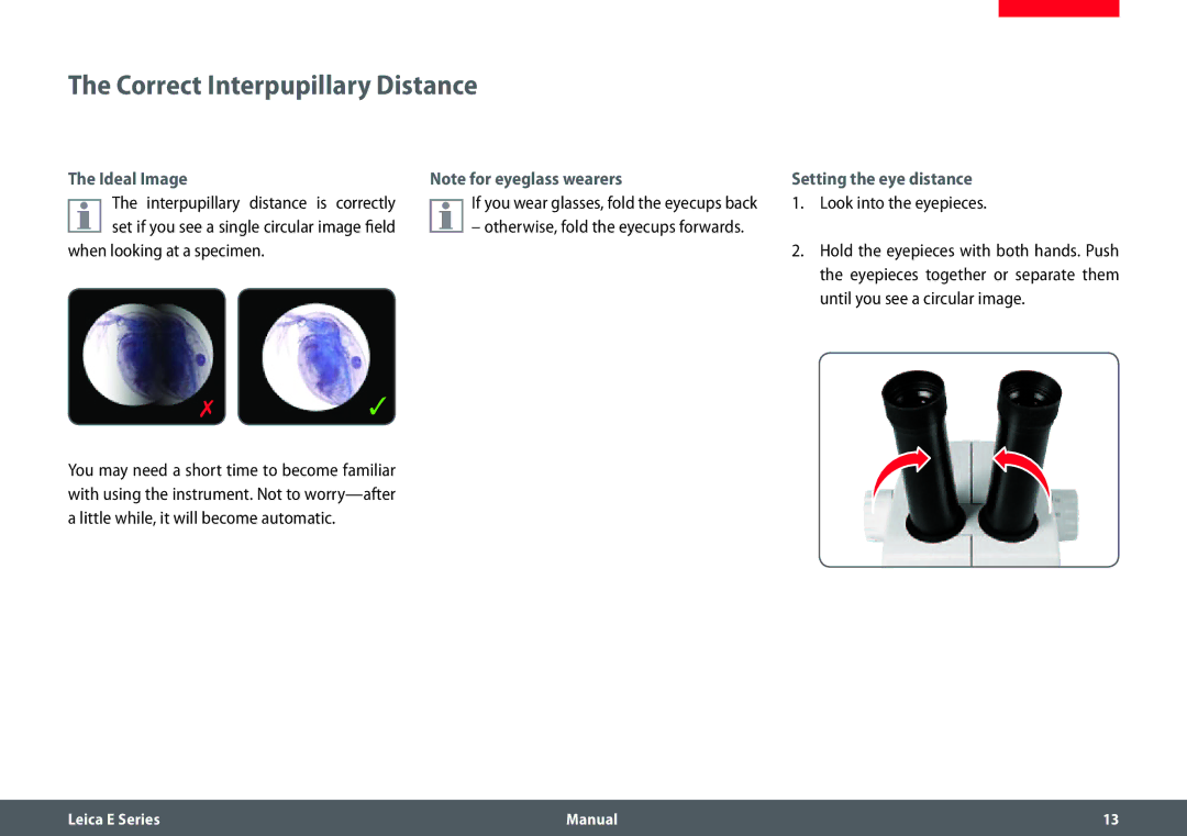 Leica EZ4 HD manual Correct Interpupillary Distance, Ideal Image Setting the eye distance 