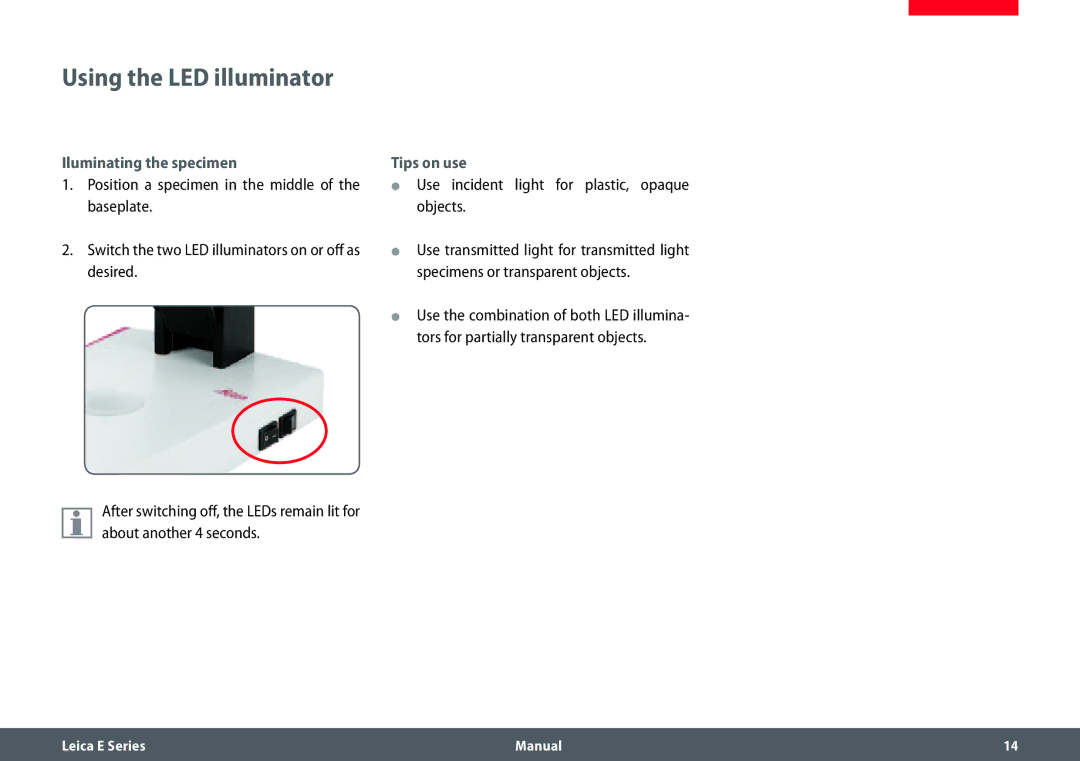 Leica EZ4 HD manual Using the LED illuminator, Iluminating the specimen, Tips on use 