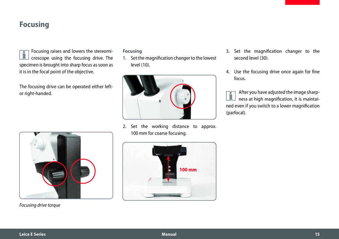 Leica EZ4 HD manual Focusing, Parfocal 