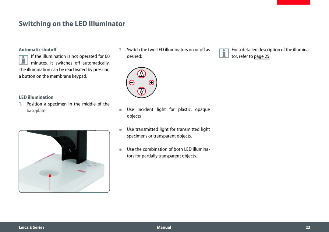 Leica EZ4 HD manual Switching on the LED Illuminator, Automatic shutoff, LED illumination 