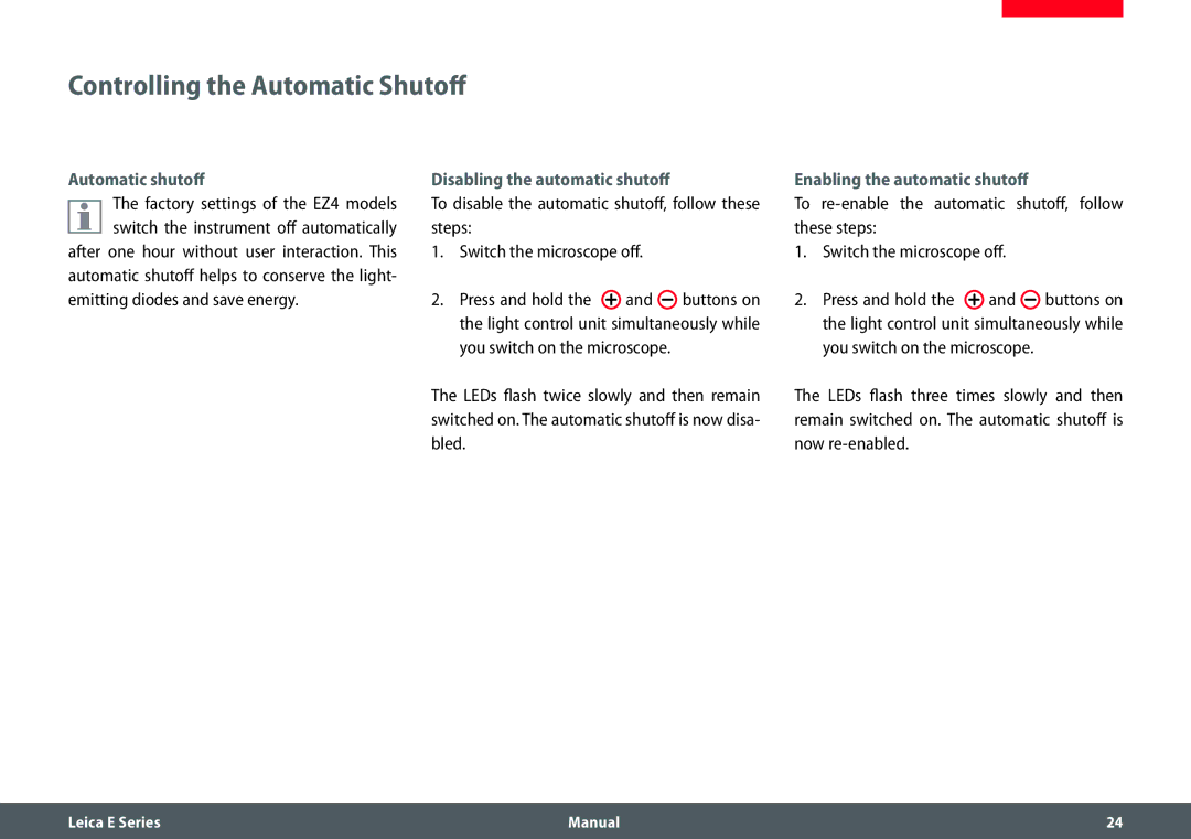 Leica EZ4 HD manual Controlling the Automatic Shutoff, Disabling the automatic shutoff, Enabling the automatic shutoff 