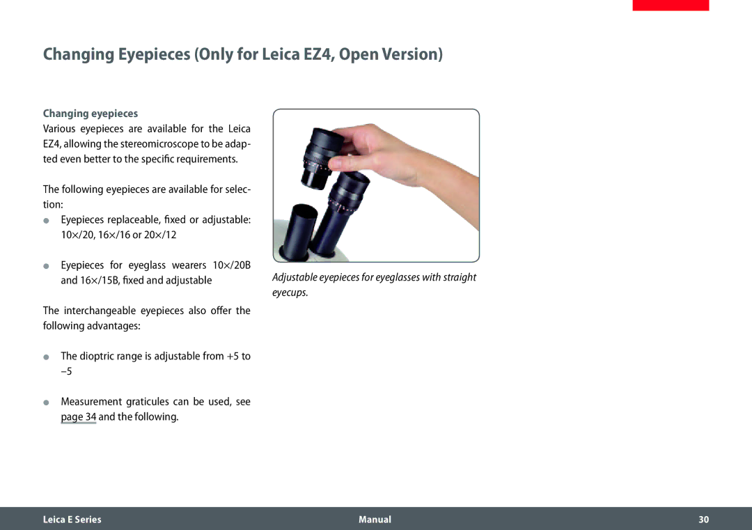 Leica EZ4 HD manual Changing Eyepieces Only for Leica EZ4, Open Version, Changing eyepieces 