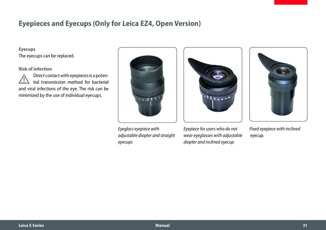 Leica EZ4 HD manual Eyepieces and Eyecups Only for Leica EZ4, Open Version, Eyecups can be replaced, Risk of infection 