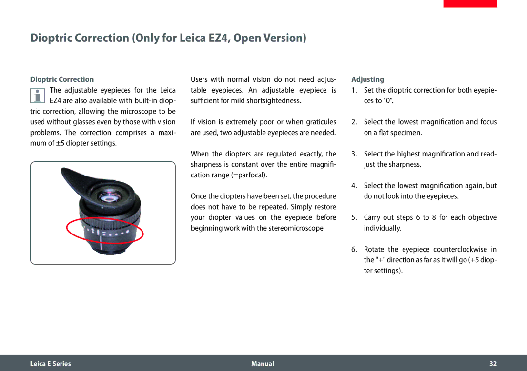 Leica EZ4 HD manual Dioptric Correction Only for Leica EZ4, Open Version, Adjusting 