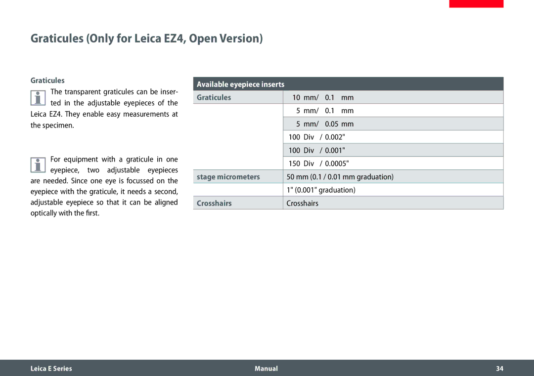 Leica EZ4 HD manual Graticules Only for Leica EZ4, Open Version, Stage micrometers, Crosshairs 