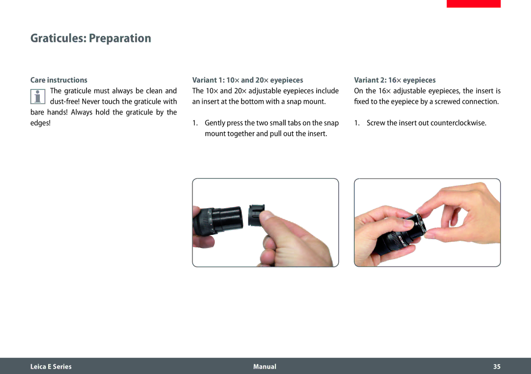 Leica EZ4 HD manual Graticules Preparation, Care instructions, Variant 1 10× and 20× eyepieces, Variant 2 16× eyepieces 