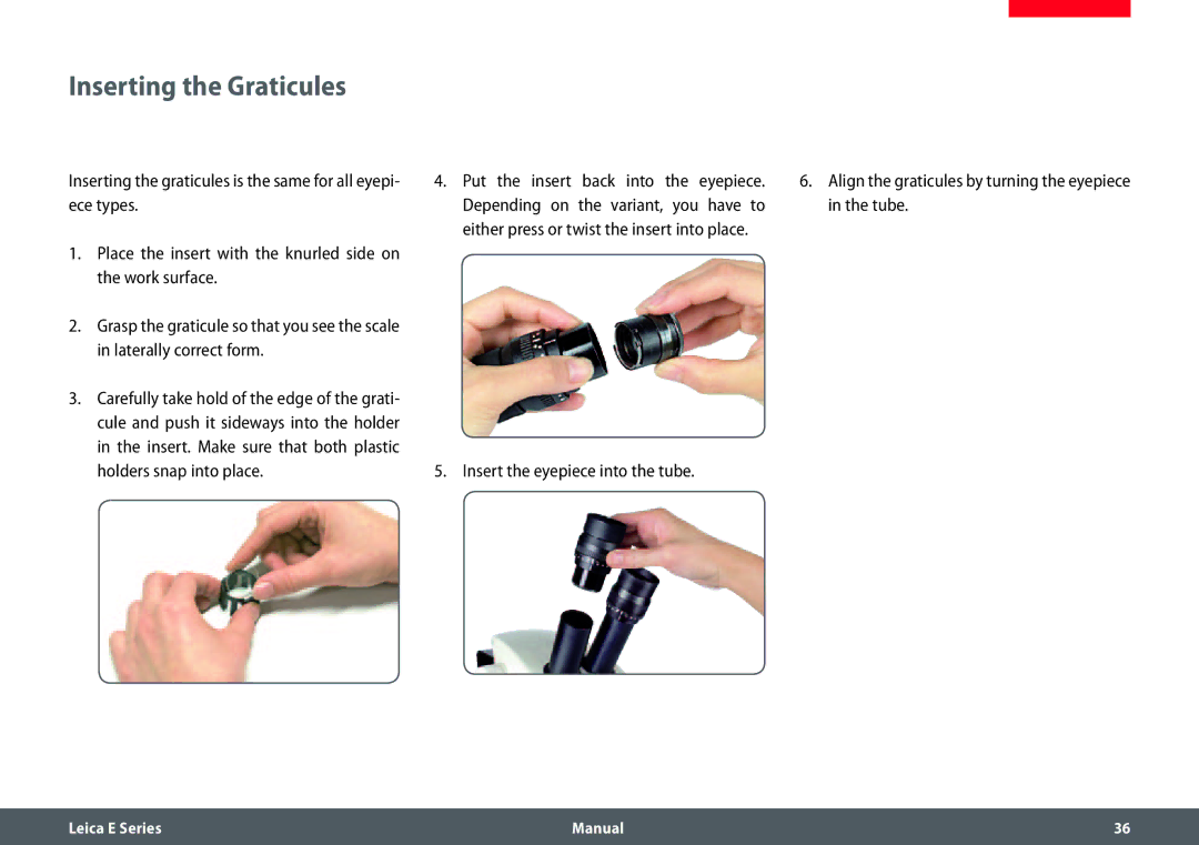 Leica EZ4 HD manual Inserting the Graticules 